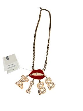 Sonia Rykiel Gold Tone Necklace Heart Kiss Pendant Rhinestone Rare Collectible